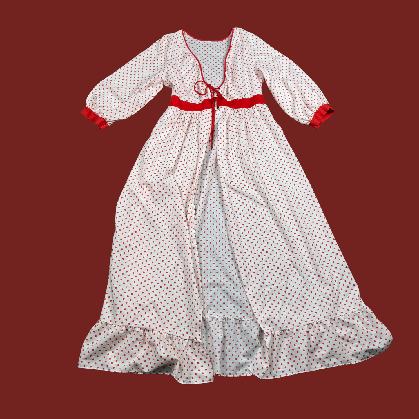 (S) 70s/80s Red/White Polka Dot Cotton Maxi Slip and Robe Set