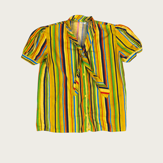 (M) 70s/80s Rainbow Striped Short Sleeve Blouse
