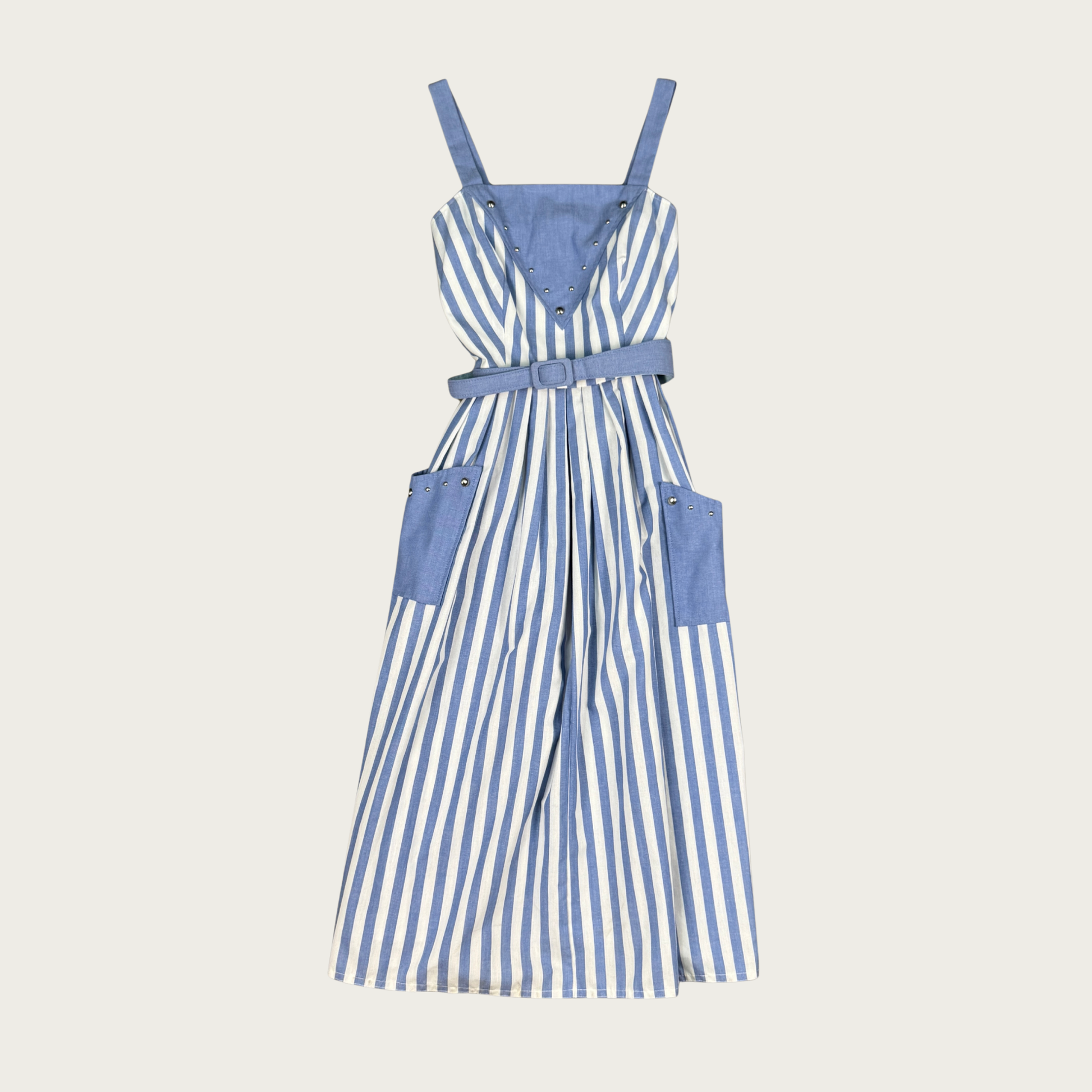 (S) 80s Blue/White Pinstripe Studded Midi Dress (S) 80s Blue/White Pinstripe Studded Midi Dress