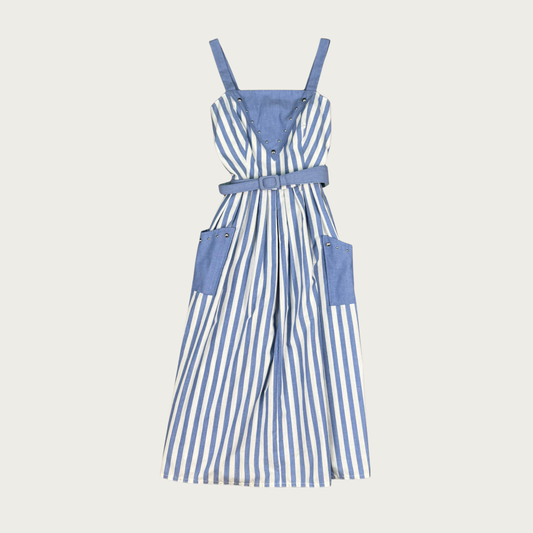 (S) 80s Blue/White Pinstripe Studded Midi Dress
