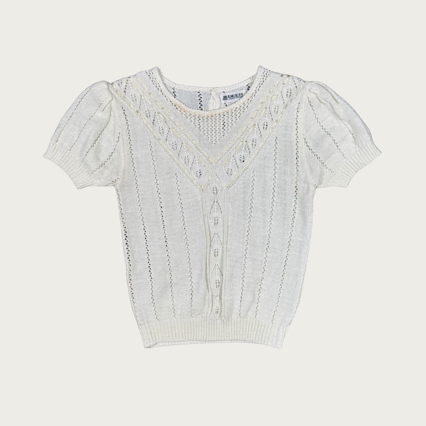 (S) Cream Knit Ribbon Trim Top