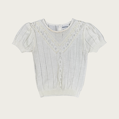 (S) Cream Knit Ribbon Trim Top