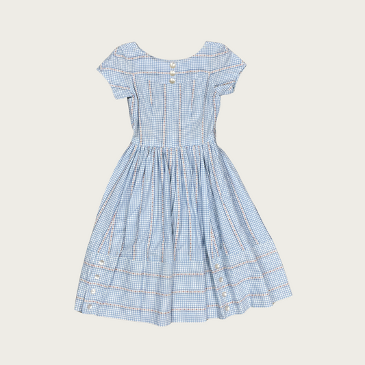 (S) 70s Light Blue Floral Gingham Tea Dress