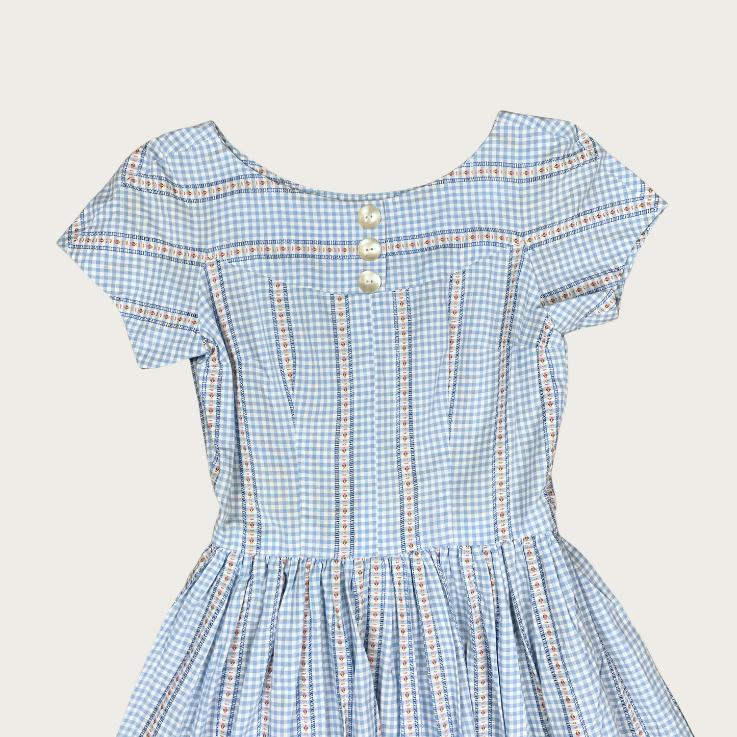 (S) 70s Light Blue Floral Gingham Tea Dress