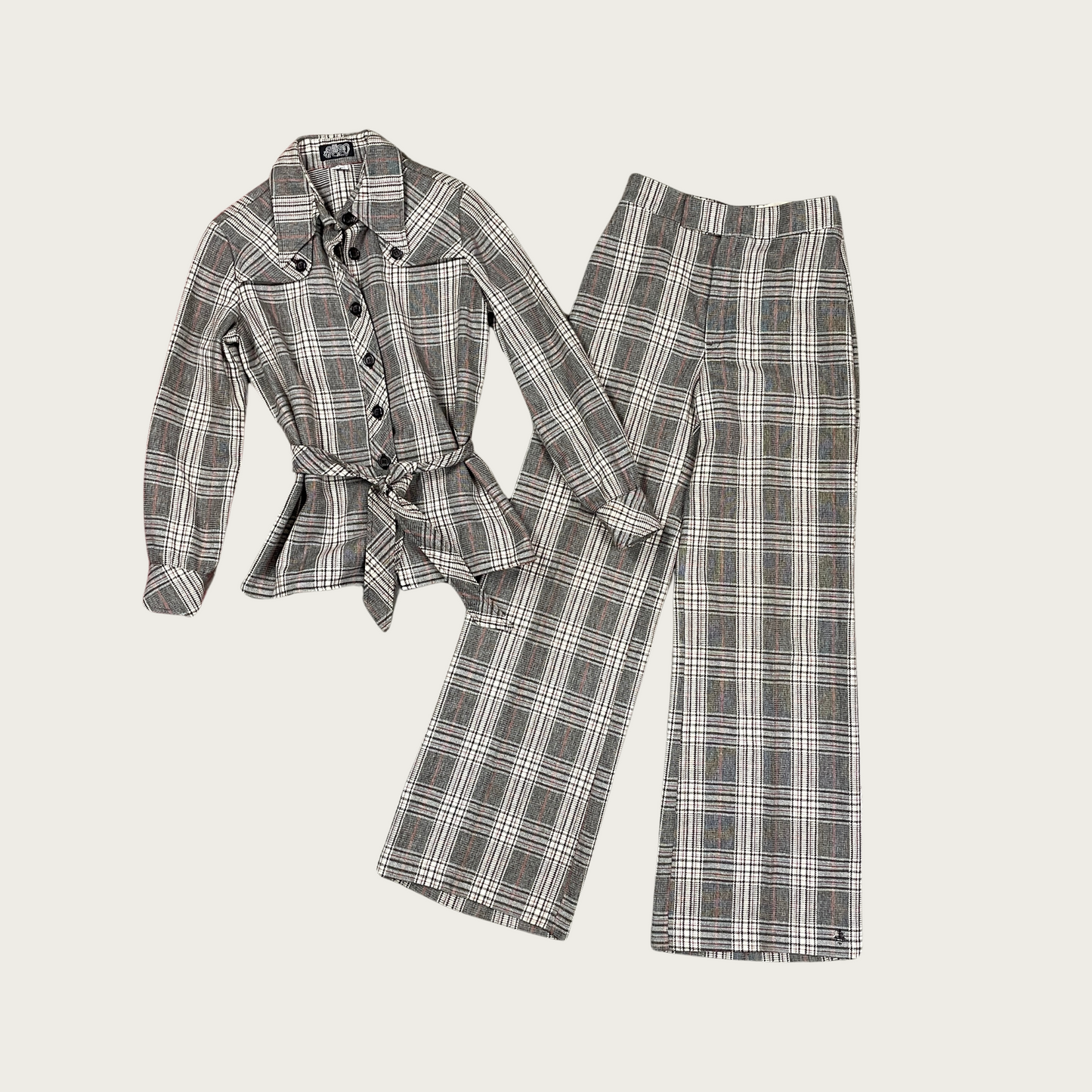 (S) 70s Plaid Wool Matching Pants Set