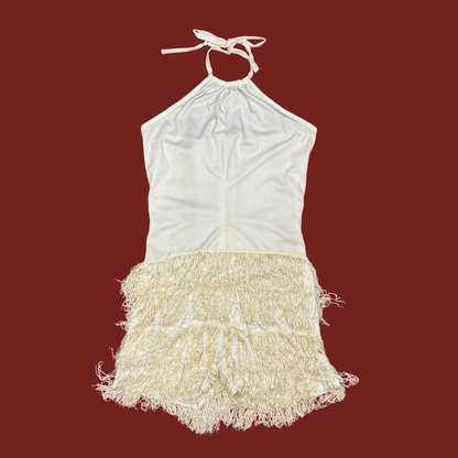 (S) 60s/70s Cream Fringe Halter Romper