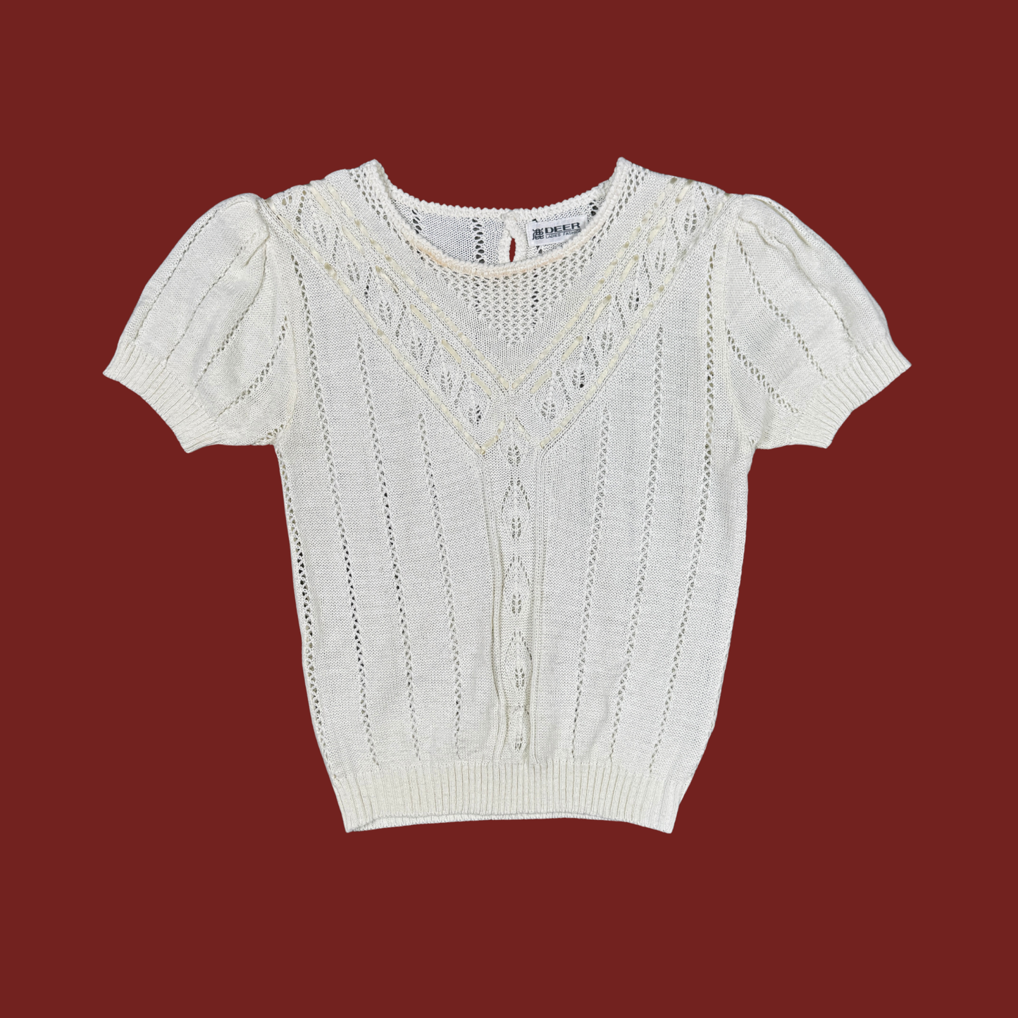 (S) Cream Knit Ribbon Trim Top