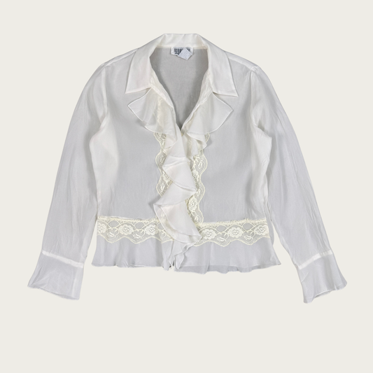 (M/L) 90s/Y2K White Lace Trim Ruffle Blouse