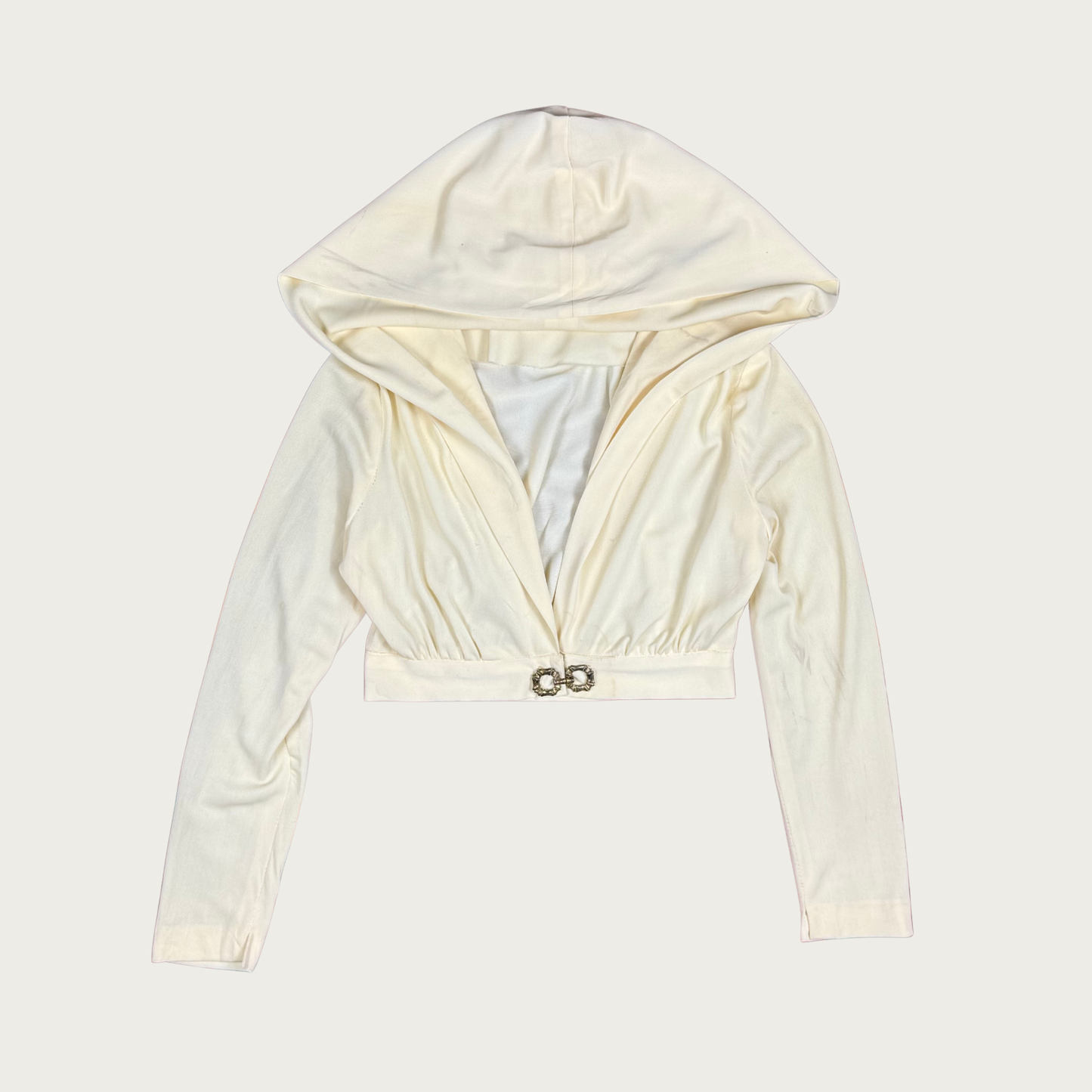 (S) 80s Cream Hooded Cropped Long Sleeve Top