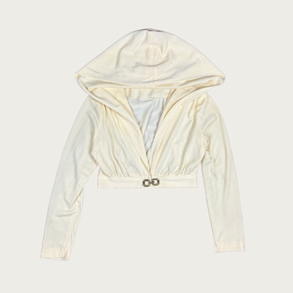 (S) 80s Cream Hooded Cropped Long Sleeve Top