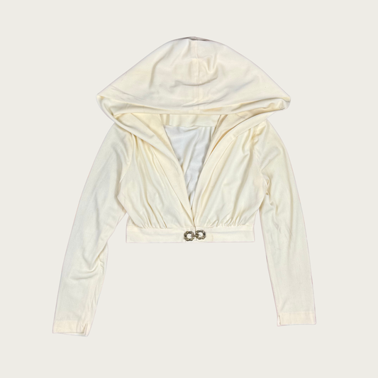 (S) 80s Cream Hooded Cropped Long Sleeve Top