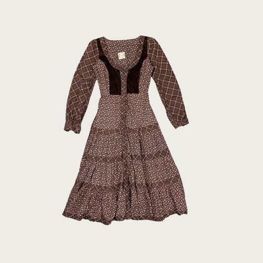 (S) 70s Gunne Sax Brown Floral Dress