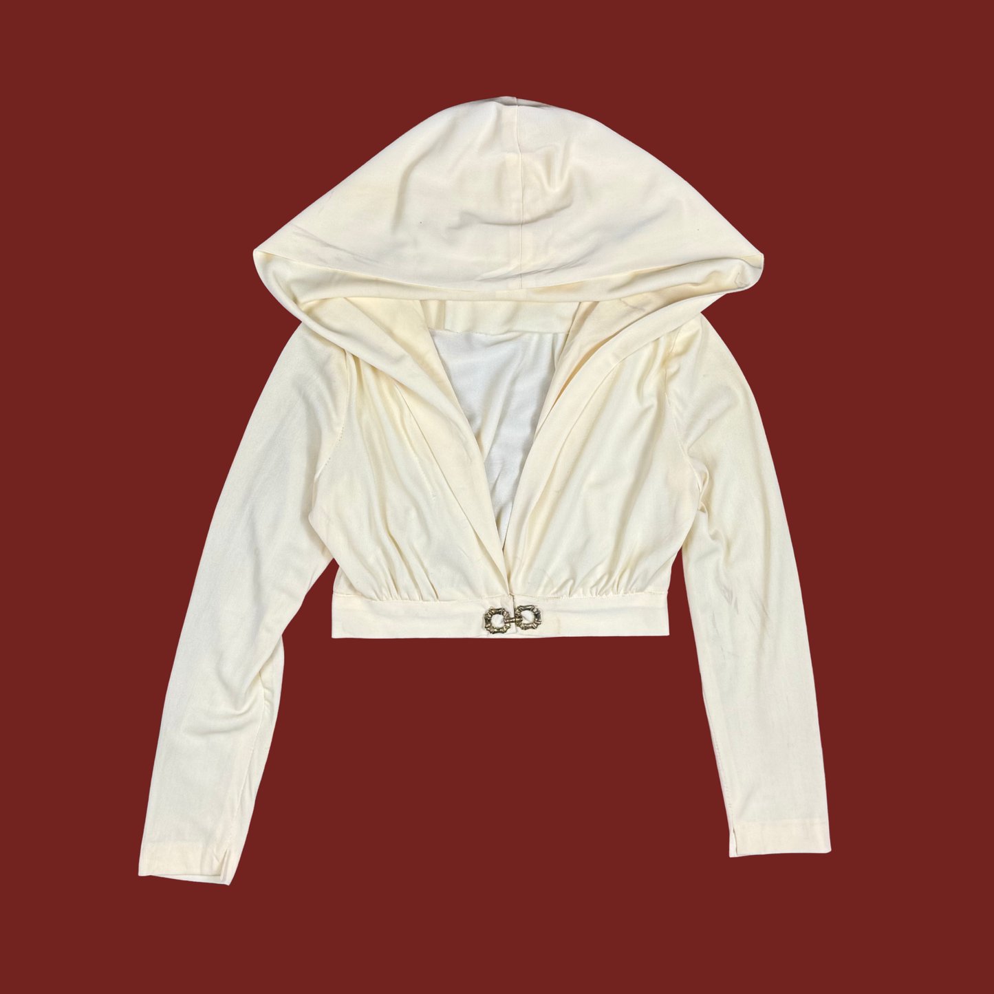 (S) 80s Cream Hooded Cropped Long Sleeve Top