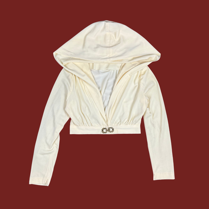 (S) 80s Cream Hooded Cropped Long Sleeve Top