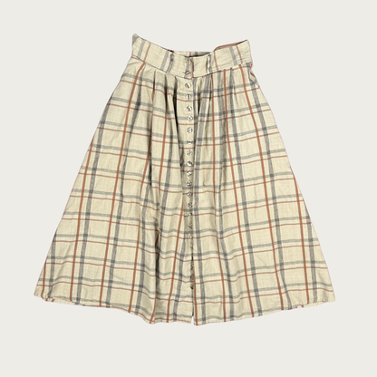 (28") Beige Plaid Button Up Midi Skirt