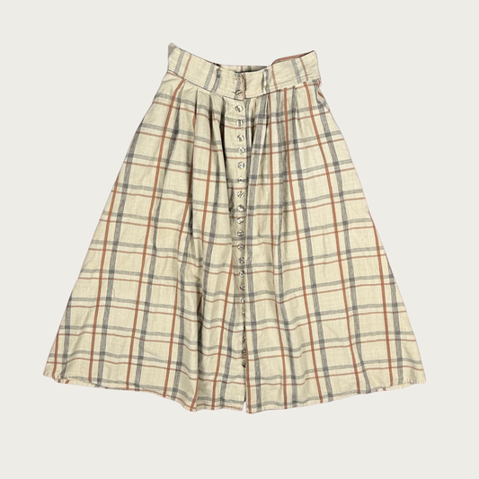 (28") Beige Plaid Button Up Midi Skirt