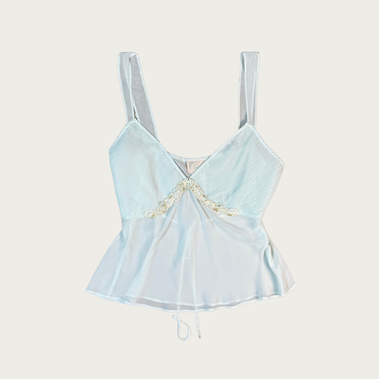 (L) 90s/Y2K Pastel Blue Sheer Beaded Cami Top