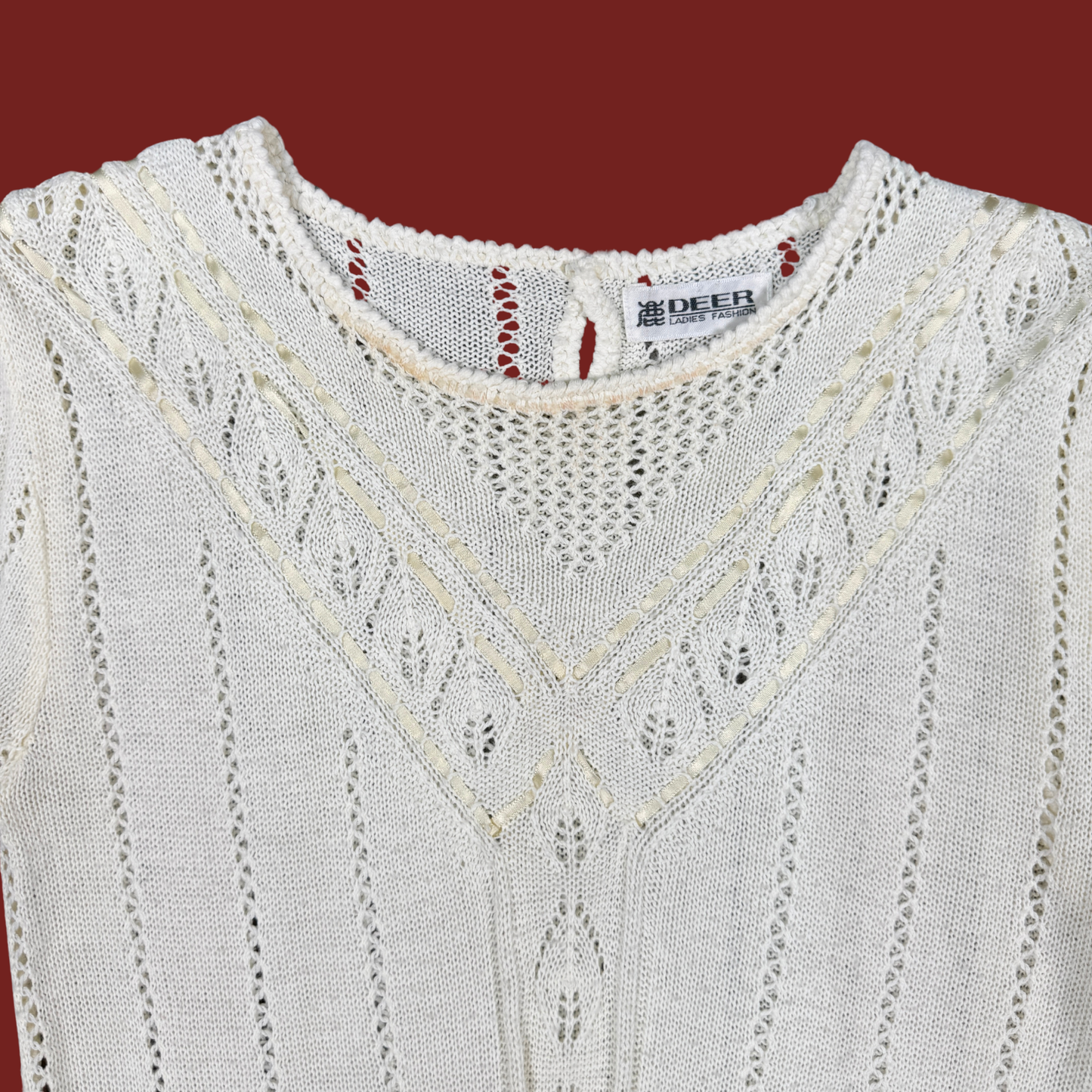 (S) Cream Knit Ribbon Trim Top