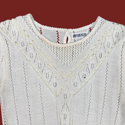 (S) Cream Knit Ribbon Trim Top