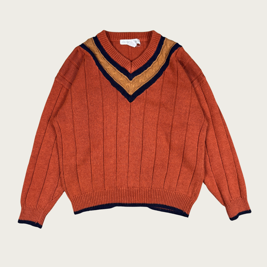 (L) 90s Orange/Navy V Neck Sweater