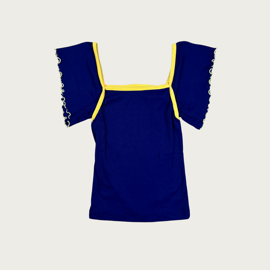 (S) 60s/70s Navy/Yellow Lettuce Hem Sleeve Basic Top