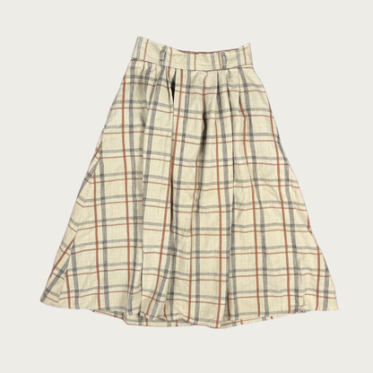 (28") Beige Plaid Button Up Midi Skirt