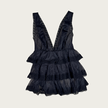 (S) 70s/80s Sheer Mesh Black Ruffle Babydoll Slip