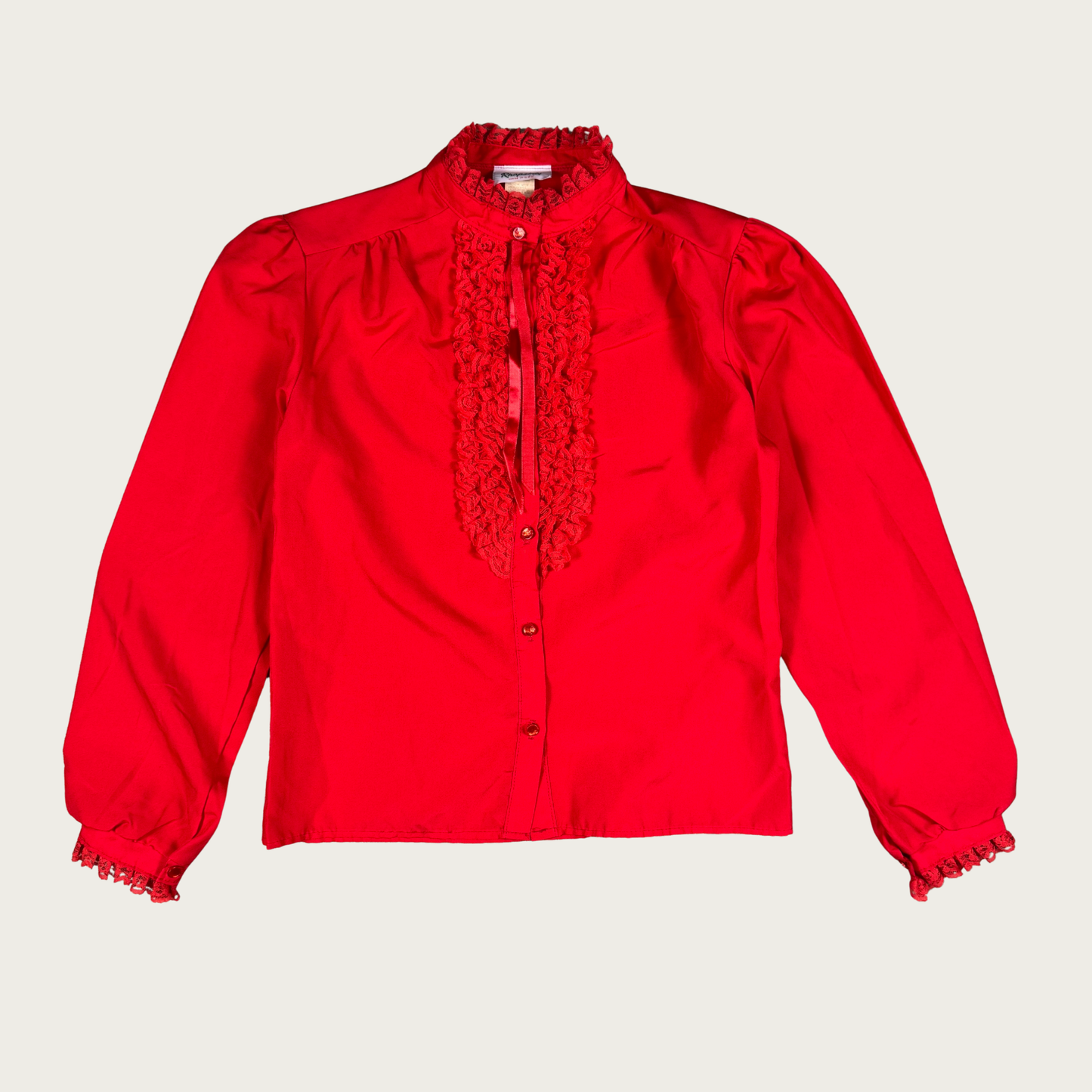 (M) 80s Red Ruffle Collar Blouse