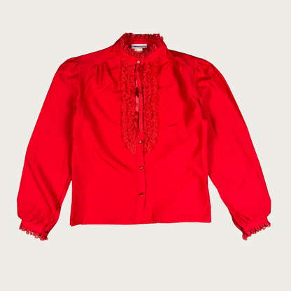 (M) 80s Red Ruffle Collar Blouse