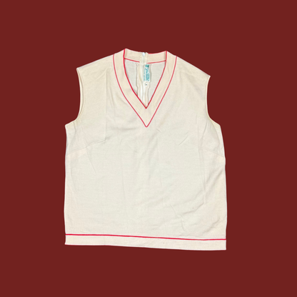 (M) 60s/70s Cream/Red V Neck Knit Top