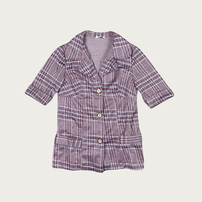 (S) 70s Plaid Button Up Collared Top