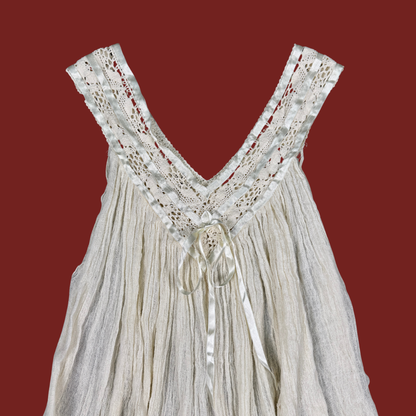 (S/M) Cream Gauze Ribbon Trim Mini Dress/Tunic