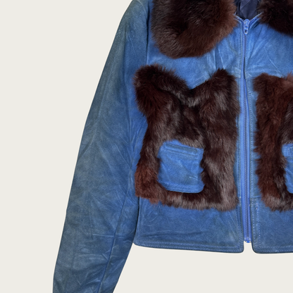 (XS/S) 60s/70s Blue Suede and Brown Fur Paneled Jacket