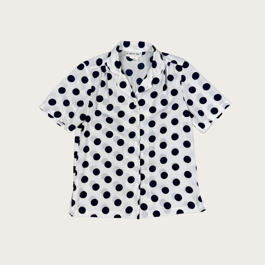 (L) 80s Navy/White Polka Dot Blouse