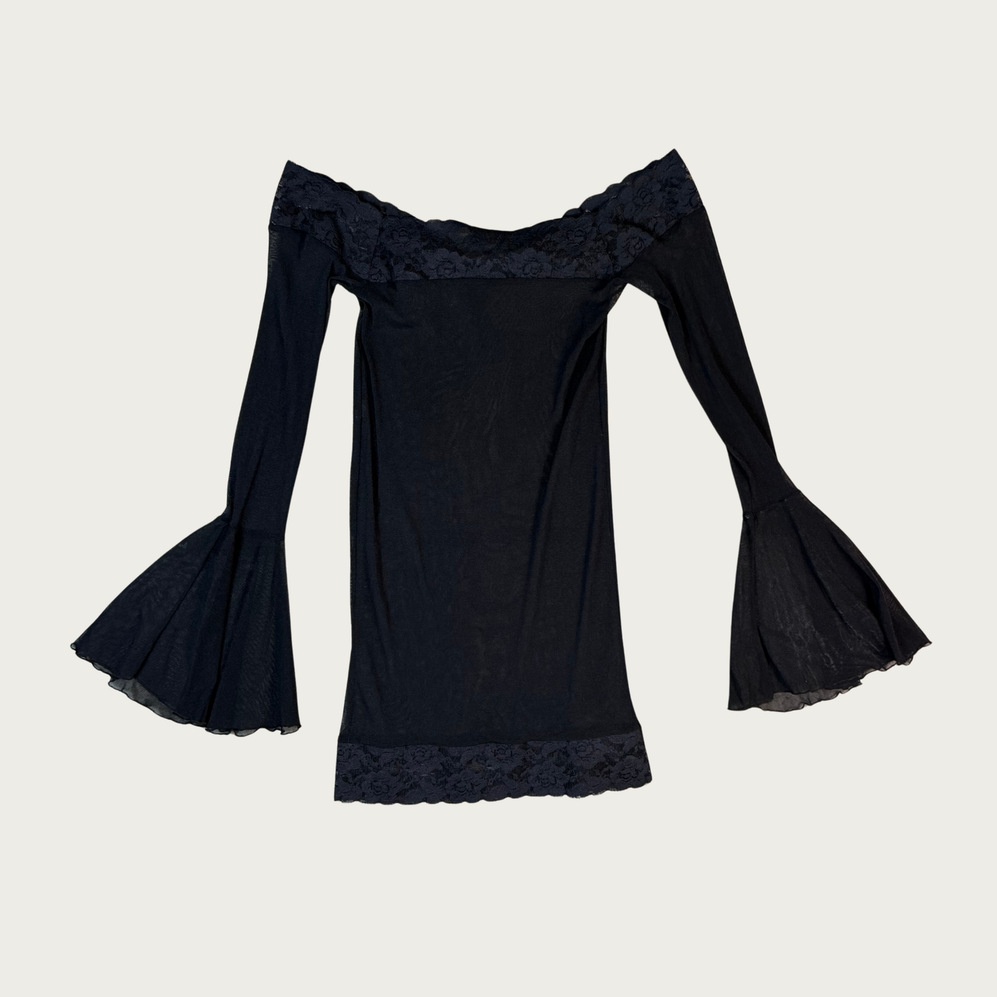 (XS/S) Sheer Black Mesh Bell Sleeve Mini Dress