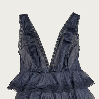 (S) 70s/80s Sheer Mesh Black Ruffle Babydoll Slip