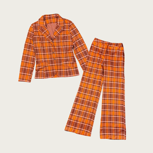 (S) 70s Orange Plaid Flares Matching Set