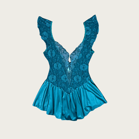 (M) 80s/90s Teal Lace Mini Slip Dress