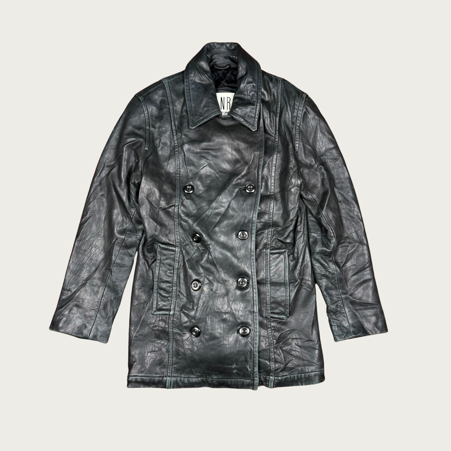 (S) 80s/90s Black Double Breasted Leather Jacket