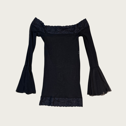 (XS/S) Sheer Black Mesh Bell Sleeve Mini Dress