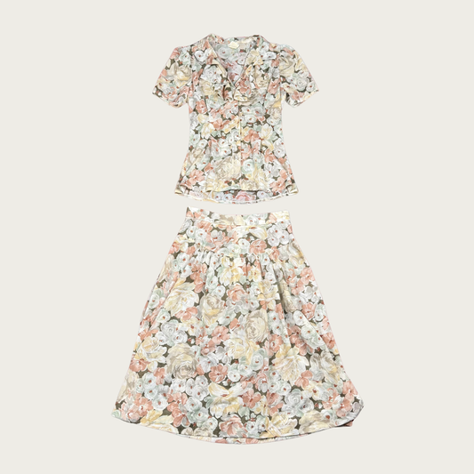 (S) 70s Sheer Floral Blouse and Skirt Matching Set
