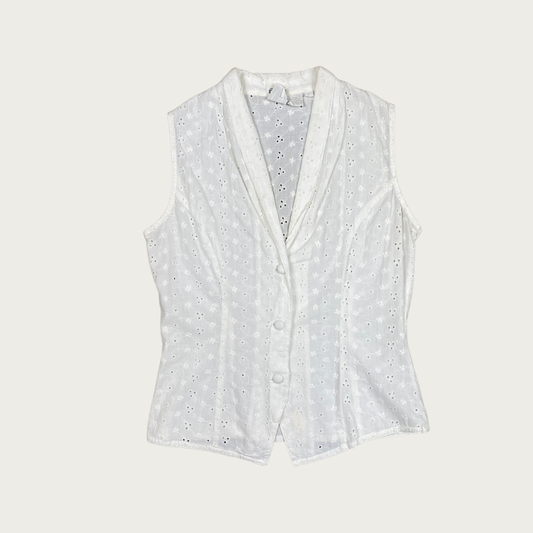 (S) 90s White Cotton Eyelet Sleeveless Blouse