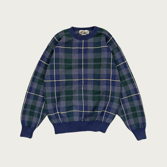 (S) Crewneck Plaid Navy Sweater