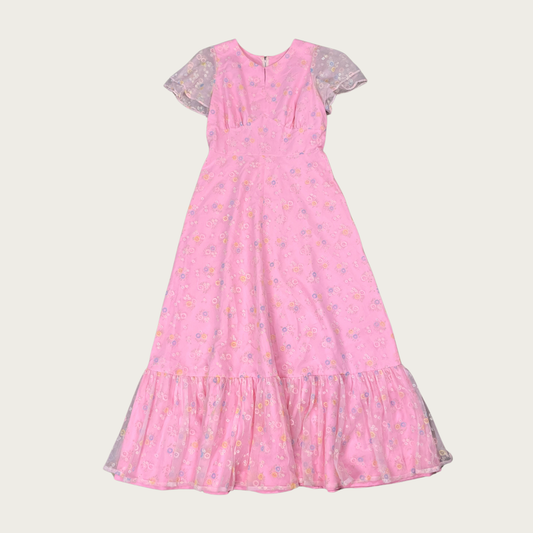 (M) 60s/70s Pink Floral Flutter Sleeve Maxi Dress