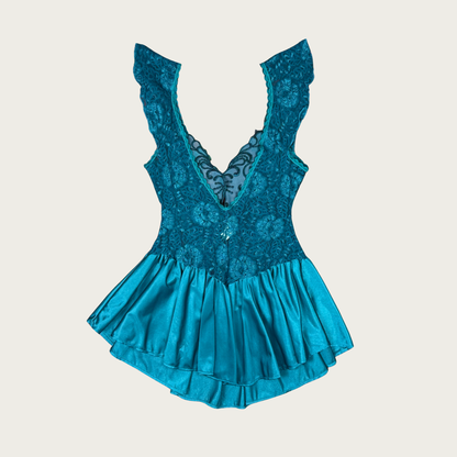 (M) 80s/90s Teal Lace Mini Slip Dress