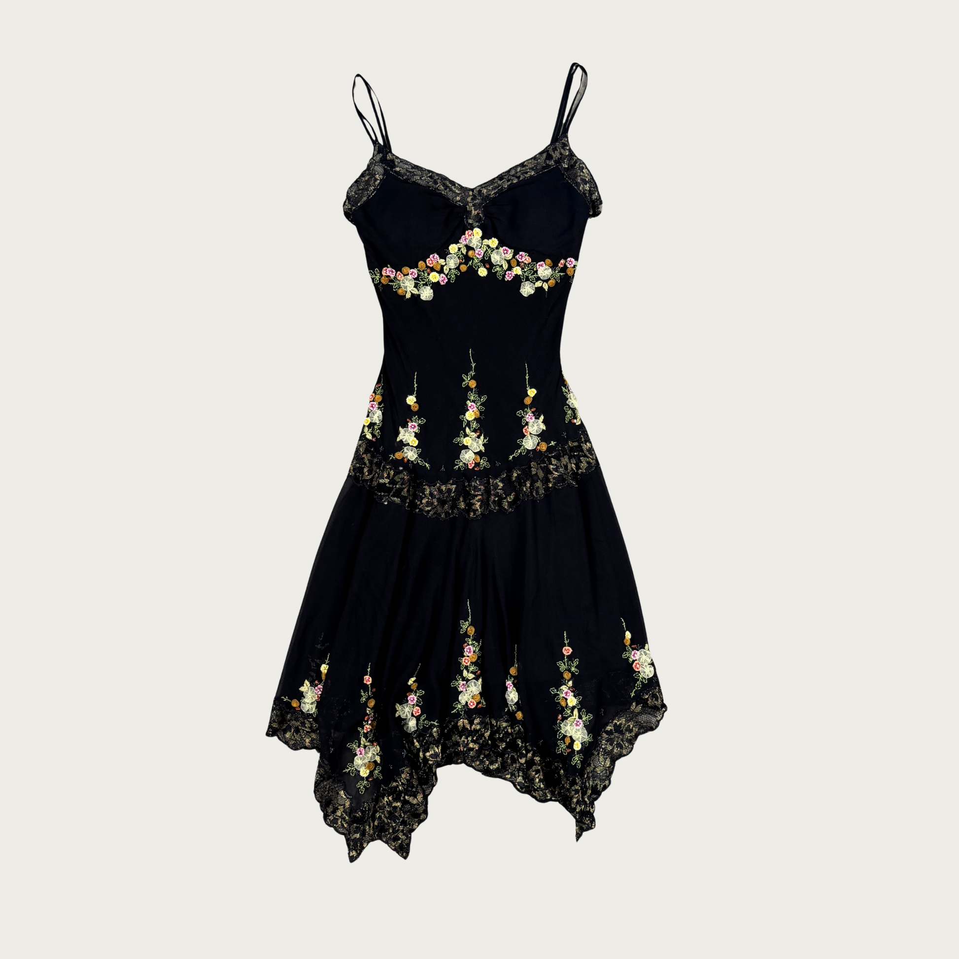 (S/M) 90s/Y2K Sue Wong Beaded Floral Applique Silk Midi Dress (S/M) 90s/Y2K Sue Wong Beaded Floral Applique Silk Midi Dress