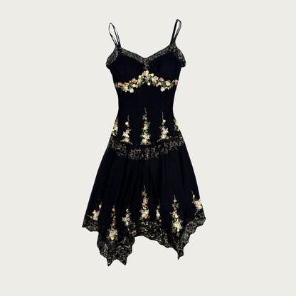 S/M) 90s/Y2K Sue Wong Beaded Floral Applique Silk Midi Dress The Clothing Warehouse S/M) 90s/Y2K Sue Wong Beaded Floral Applique Silk Midi Dress The Clothing Warehouse