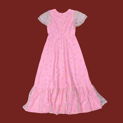 (M) 60s/70s Pink Floral Flutter Sleeve Maxi Dress