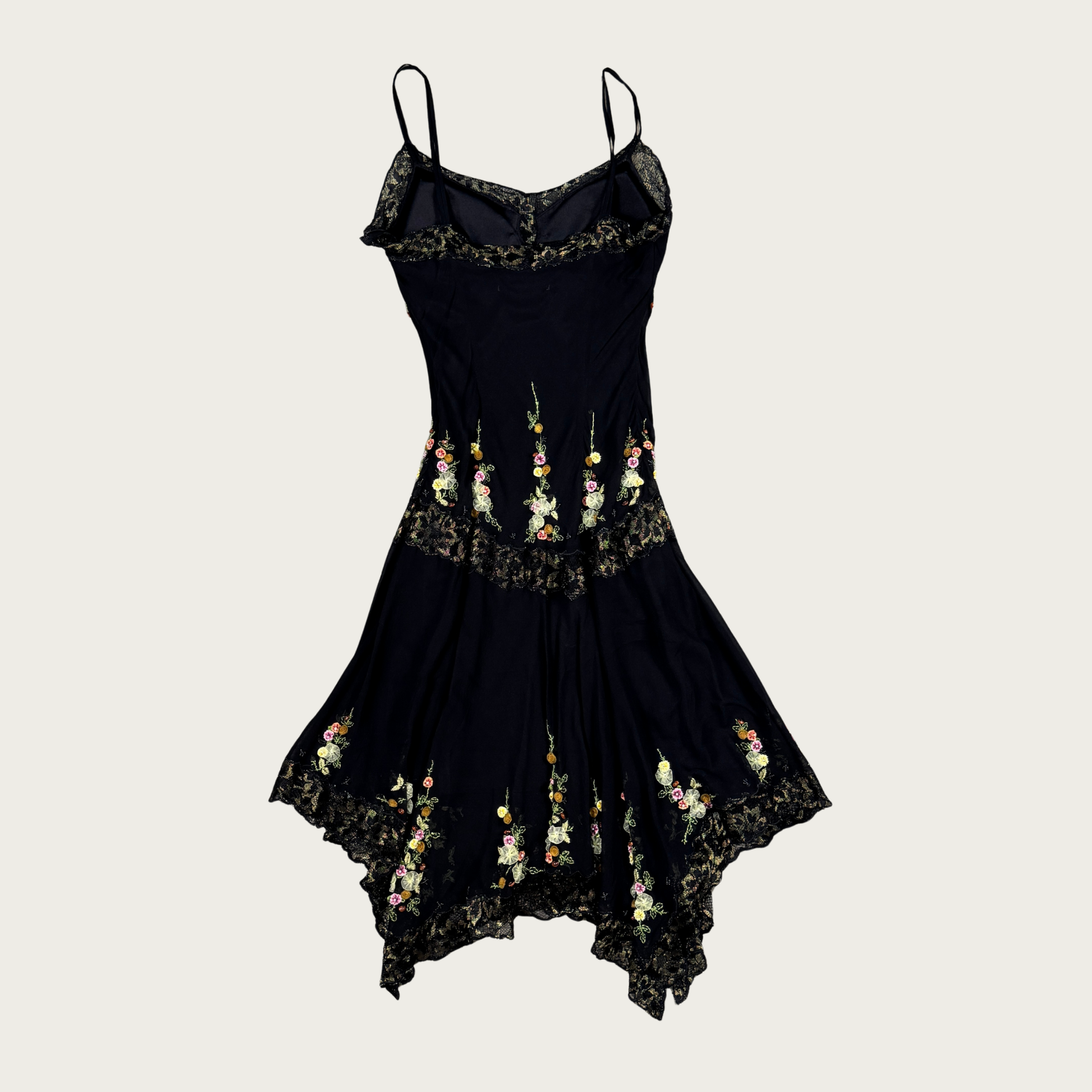 S/M) 90s/Y2K Sue Wong Beaded Floral Applique Silk Midi Dress The Clothing Warehouse S/M) 90s/Y2K Sue Wong Beaded Floral Applique Silk Midi Dress The Clothing Warehouse