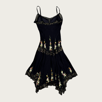 (S/M) 90s/Y2K Sue Wong Beaded Floral Applique Silk Midi Dress